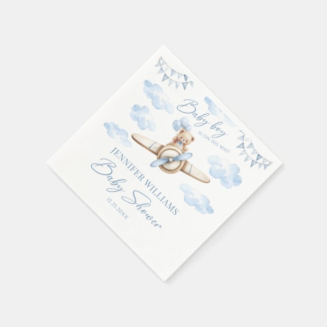 Cute Teddy Bear on Airplane Baby Boy Shower Paper Napkin (Corner)