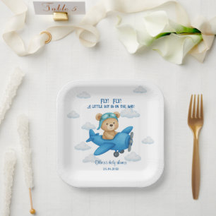 Cute Teddy Bear on Airplane Baby Shower    Paper Plate