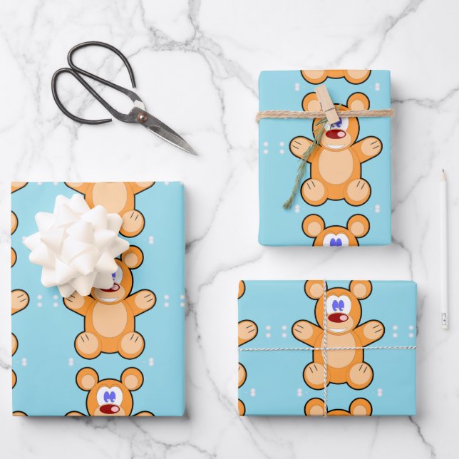 cute teddy bear on blue wrapping paper sheet (Front)