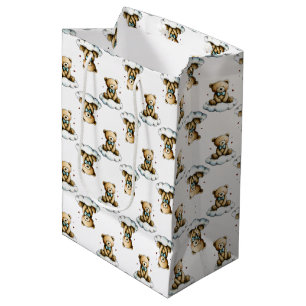 Cute Teddy Bear on Fluffy Cloud Blue Bow Tie Medium Gift Bag
