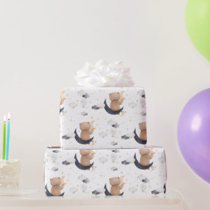 Cute Teddy Bear on Moon White Kids  Wrapping Paper