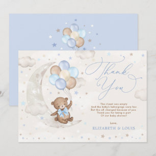 Cute Teddy Bear on Moon with Blue Brown Balloons Thank You Card