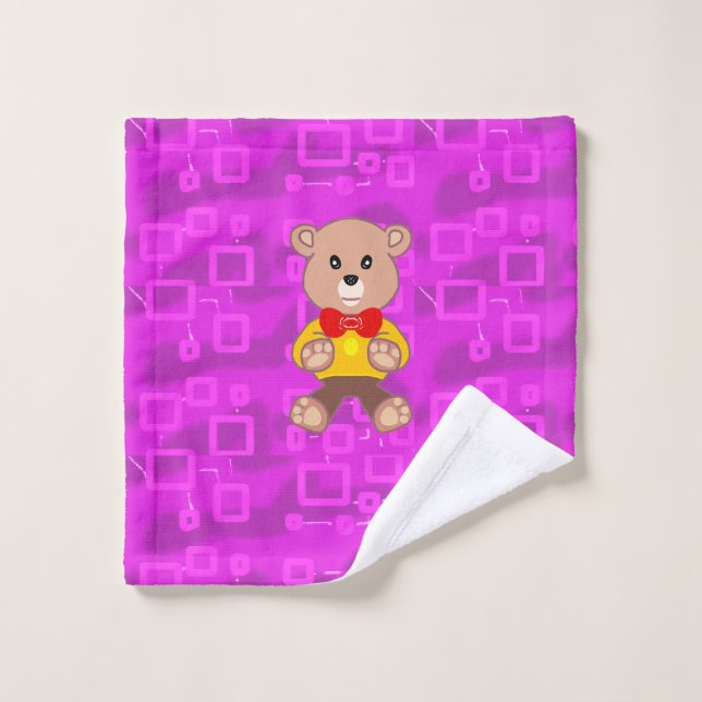 Cute Teddy Bear on Pink Geometric  Bath Towel Set (Wash Cloth)