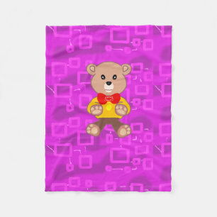 Cute Teddy Bear on Pink Geometric Fleece Blanket