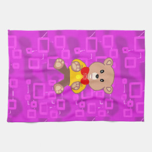 Cute Teddy Bear on Pink Geometric Kitchen Towel