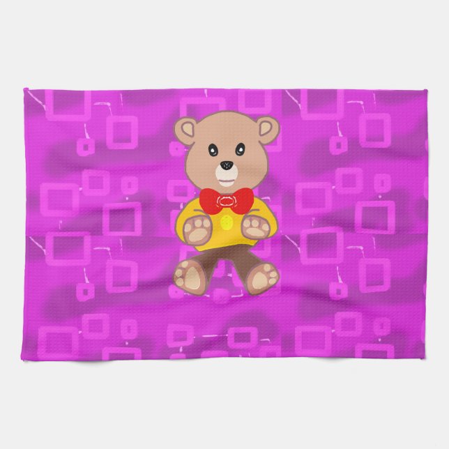 Cute Teddy Bear on Pink Geometric  Kitchen Towel (Horizontal)