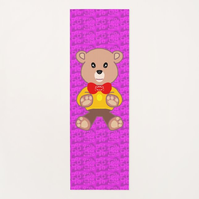 Cute Teddy Bear on Pink Geometric  Yoga Mat (Front)