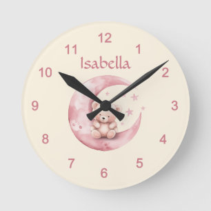 Cute Teddy Bear on Pink Moon Round Clock