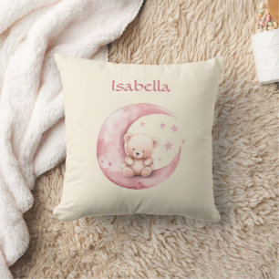 Cute Teddy Bear on Pink Moon Throw Pillow