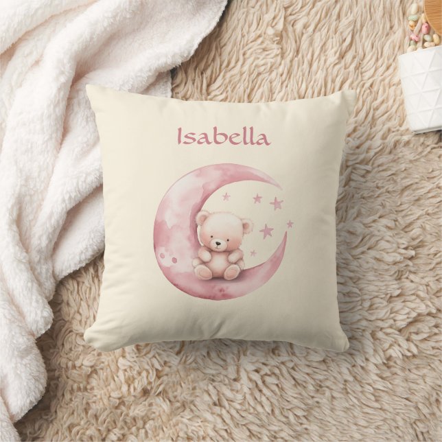 Cute Teddy Bear on Pink Moon Throw Pillow (Blanket)