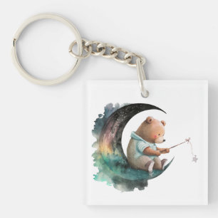Cute Teddy Bear on the Moon, Plush Cartoon Bear T- Keychain