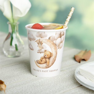 Cute Teddy Bear Over the Moon Baby Shower Neutral Paper Cups