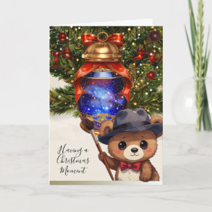 Cute Teddy Bear Painting A Christmas Tree Lantern Holiday Card