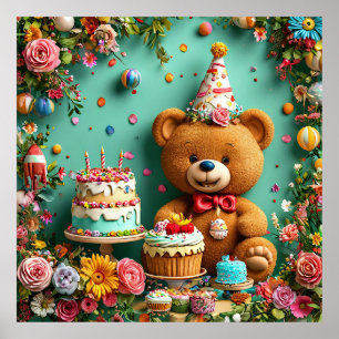 Cute Teddy Bear Party Wall Art, Kids Birthday Room Poster