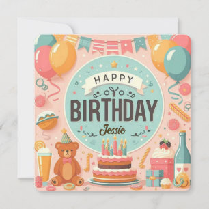 Cute Teddy Bear Pastel Pink Happy Birthday Invitation