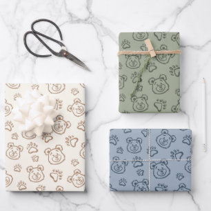 Cute Teddy Bear Paws Modern Boho Boy Baby Kids Wrapping Paper Sheet