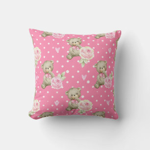 Cute Teddy Bear & Peony Floral Pink Pattern Throw Pillow