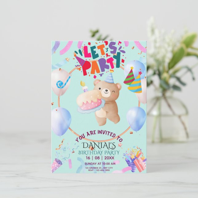 Cute Teddy Bear Personalized Birthday Invitation  (Debout devant)