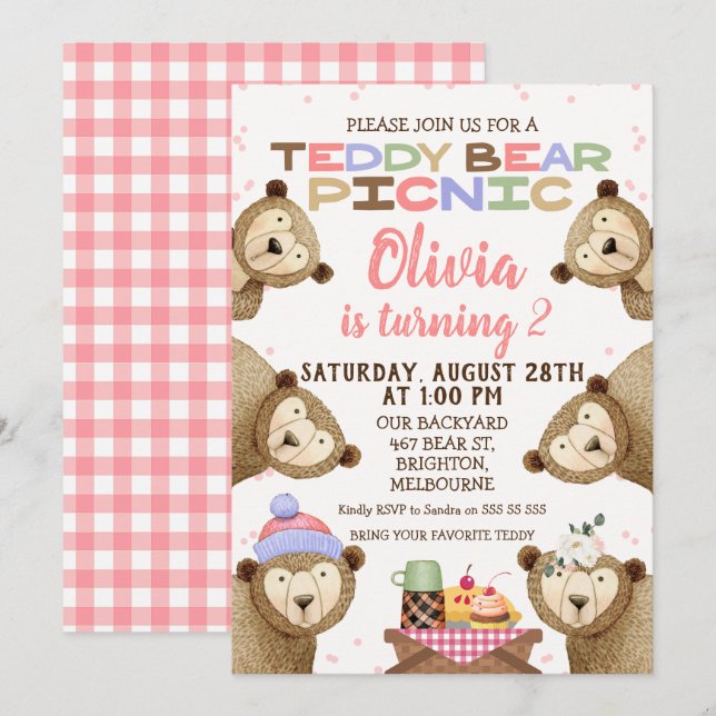 Cute Teddy Bear Picnic Birthday Invitation Girl (Front/Back)