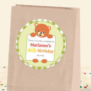 Cute Teddy Bear Picnic Birthday Party Gingham Clas Classic Round Sticker