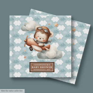 Cute Teddy Bear Pilot Baby Shower Guest Book Blue