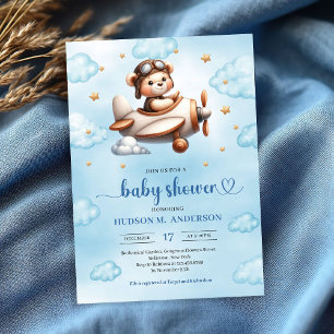 Cute Teddy Bear Pilot Blue Brown Baby Shower Invitation