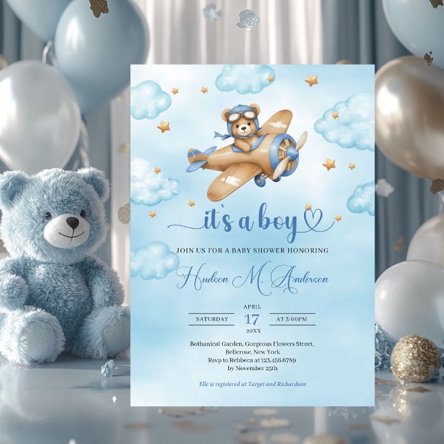 Cute teddy bear pilot boy baby shower invitation (teddy bear pilot brown and blue boy baby shower invitation)
