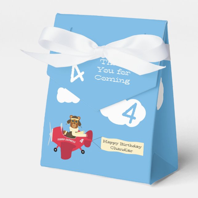 Cute Teddy Bear Pilot Custom Name and Age Birthday Favor Box (Front Side)