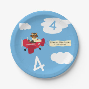 Cute Teddy Bear Pilot Custom Name and Age Birthday Paper Plate