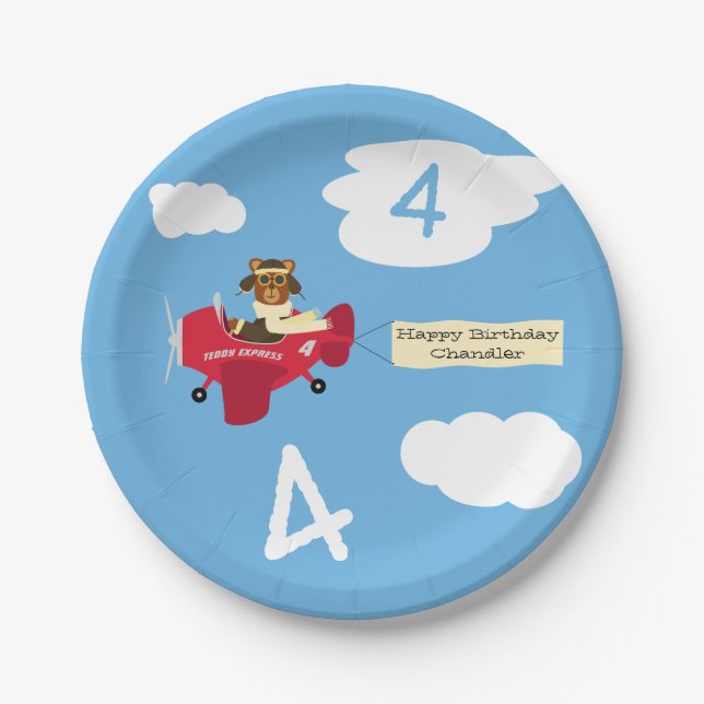 Cute Teddy Bear Pilot Custom Name and Age Birthday Paper Plate (Front)