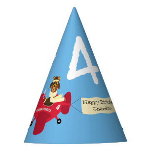 Cute Teddy Bear Pilot Custom Name and Age Birthday Party Hat