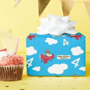 Cute Teddy Bear Pilot Custom Name and Age Birthday Wrapping Paper