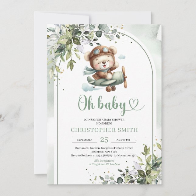 Cute teddy bear pilot gender neutral greenery arch invitation (Front)