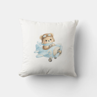 Cute Teddy Bear Pilot in Blue Airplane | Adorable  Throw Pillow