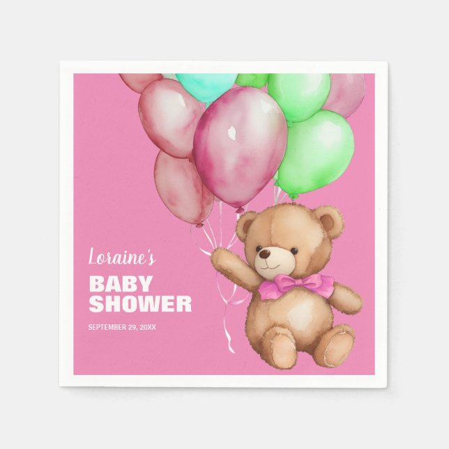 Cute Teddy Bear Pink Baby Shower Napkin (Front)