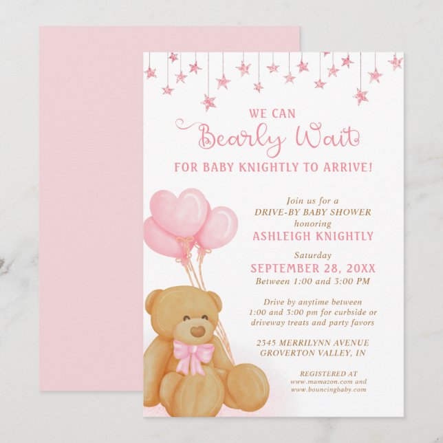Cute Teddy Bear Pink Balloons Drive By Baby Shower Invitation (Front/Back)