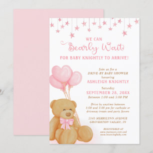 Cute Teddy Bear Pink Balloons Drive By Baby Shower Invitation