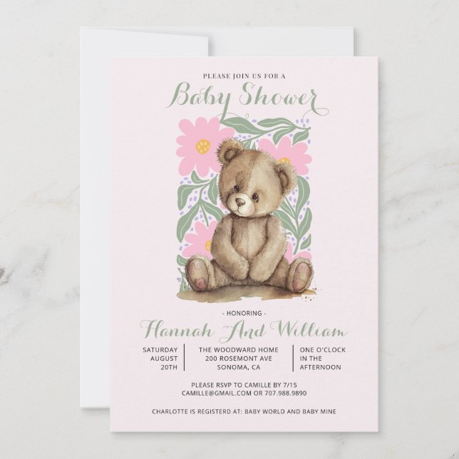 Cute Teddy Bear Pink Girl Baby Shower Invitation (Front)