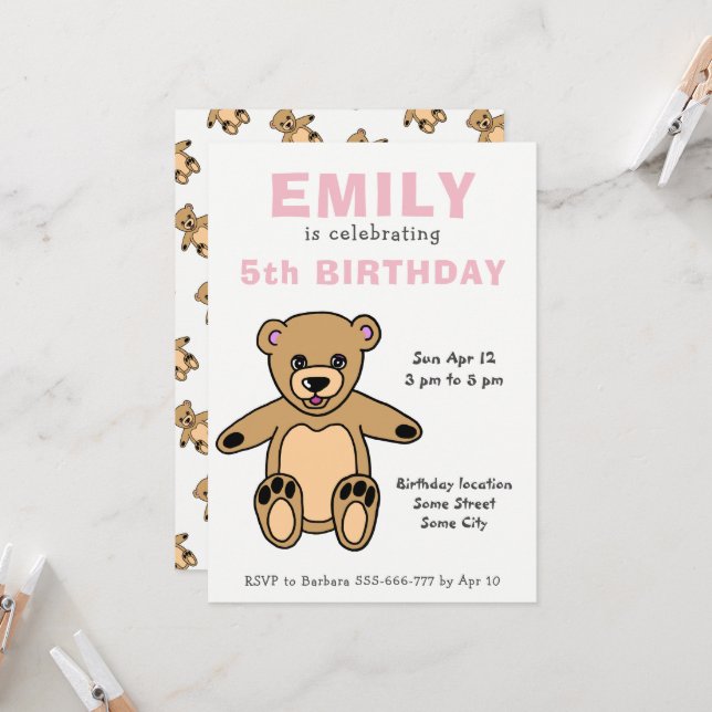 Cute Teddy Bear Pink Girl Birthday  Invitation (Front/Back In Situ)