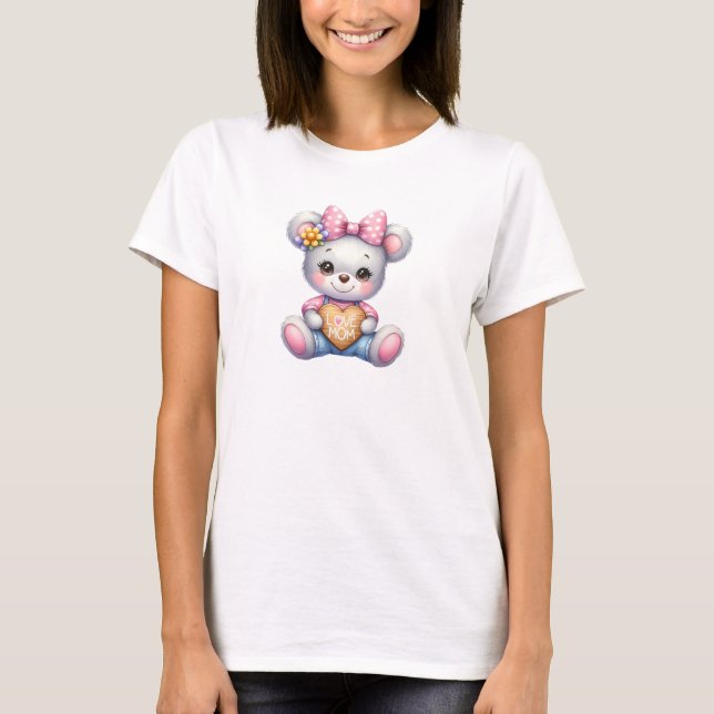 Cute teddy bear pink heart and bow Love Mom T-Shirt (Front)