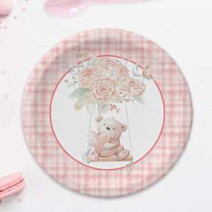 Cute Teddy Bear Pink Plaid Paper Plate