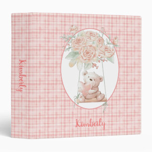 Cute Teddy Bear Pink Plaid Personalized Binder