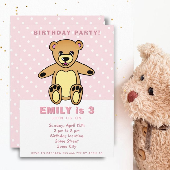 Cute Teddy Bear Pink Polka Dot Girl Birthday Invitation (Creator Uploaded)