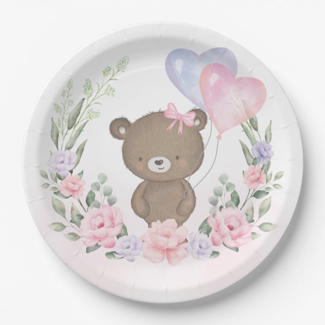 Cute Teddy Bear Pink Purple Floral Balloons Party Paper Plate (Front)