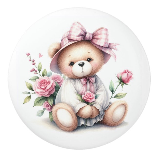 Cute Teddy Bear Pink Roses Baby Room Ceramic Knob (Front)