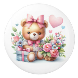 Cute Teddy Bear Pink Roses Balloons Baby Room Ceramic Knob