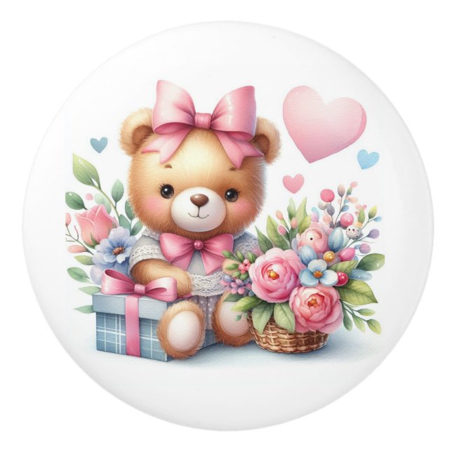 Cute Teddy Bear Pink Roses Balloons Baby Room Ceramic Knob (Front)