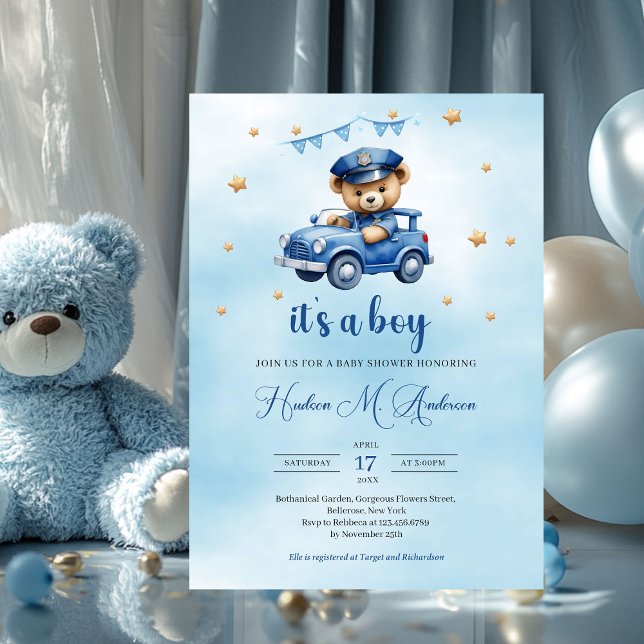 Cute teddy bear policeman boy baby shower invitation (teddy bear policeman in car boy baby shower invitation)