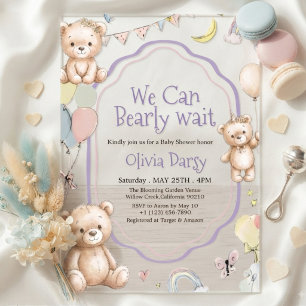 Cute Teddy Bear Purple Pastel Balloons Stars Baby Acrylic Invitations