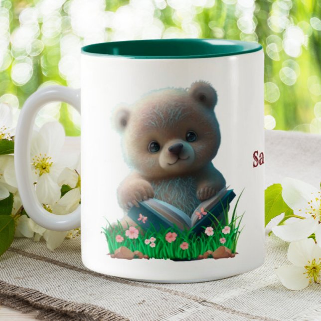 Cute Teddy Bear reading a book Personalized  Two-Tone Coffee Mug (Creator Uploaded)